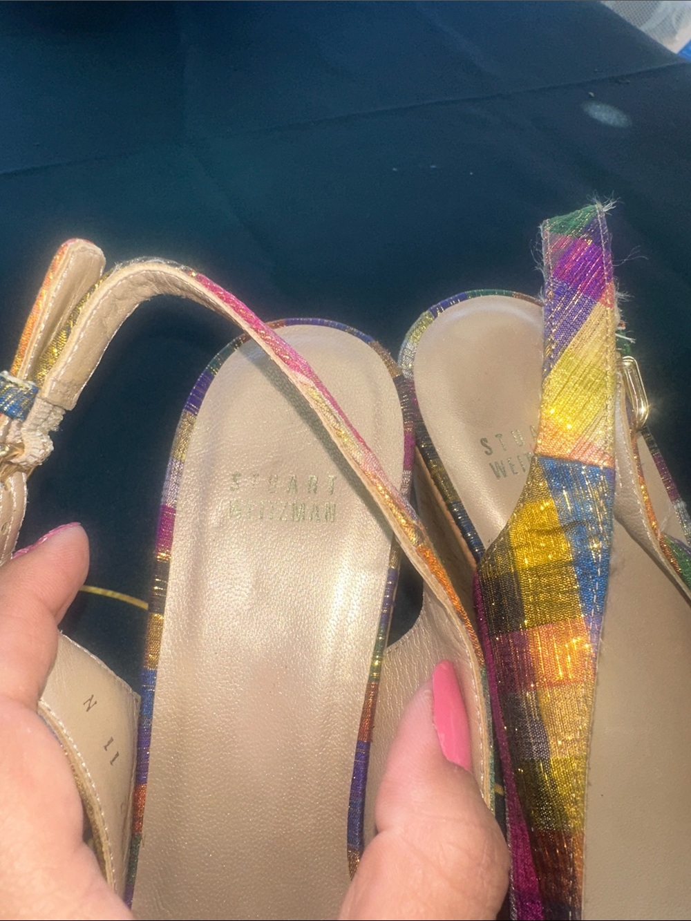 Stuart Weitzman Multicolor Plaid Cork Wedge Sandals - Picture 8 of 10